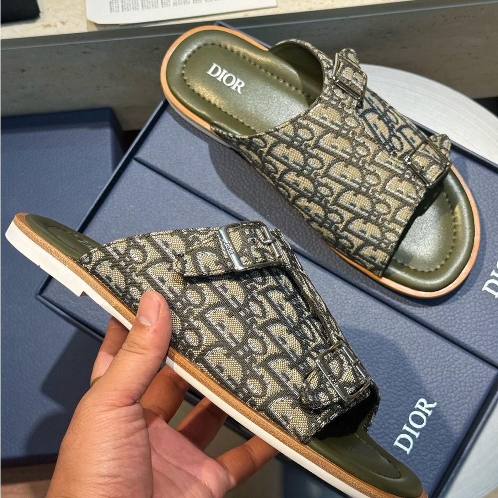Dior Monogram Slide Sandals in Olive and Beige - Picture 3 of 6